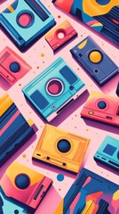 Vibrant cassette tapes in various colors are creatively arranged on a lively pastel backdrop, capturing a nostalgic vibe