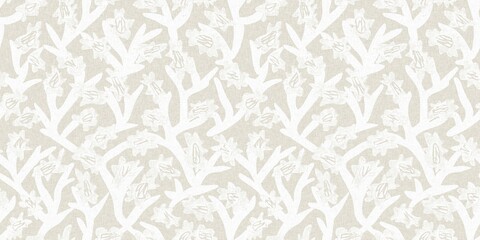 Seamless french gender neutral floral linen printed fabric border background. Light mottled white on grey cottage core block print pattern. Shabby chic woven duotone cloth effect. 