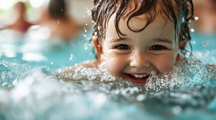 Obraz premium A child swimming in a pool with splashes of water around them. The image captures the energy and joy of playing in the water, highlighting the carefree spirit of the moment.