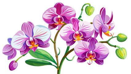 Elegant Pink Orchid Illustration with Lush Green Leaves - A detailed illustration of a pink orchid with lush green leaves. Perfect for botanical designs, nature themes, and floral art enthusiasts.