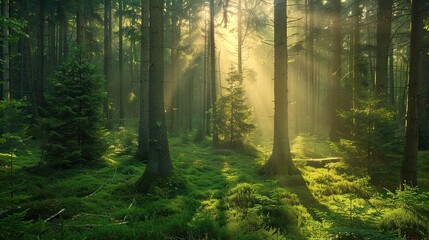Rays of sunlight shining through the pine forest. Coniferous trees tall and slender. Natural background with summer forest. Illustration for cover, postcard, interior design, poster or presentation.