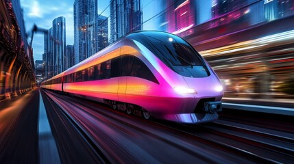Fototapeta premium A modern electric train speeding through a cityscape, with sleek design and vibrant colors, showcasing its efficiency and advanced technology.