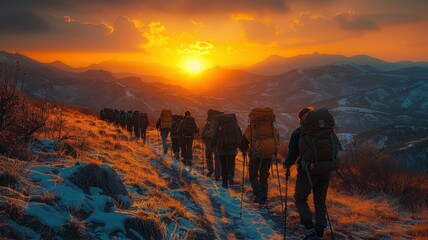 Fototapeta premium Group Hike at Sunset in Mountain Landscape..