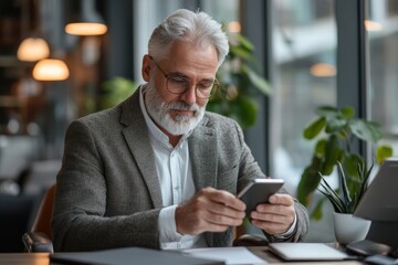 Successful senior businessman working on smartphone in office, Generative AI