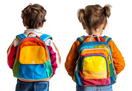 Close-Up of Two Children with Colorful Backpacks, Isolated on Transparent Background