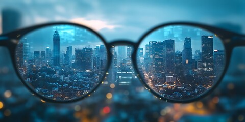 A modern, bright city view is seen through eyeglasses, with a blurry background.