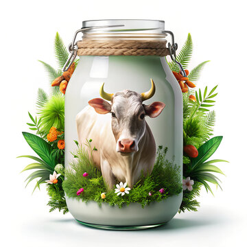 Yogurt natural en 1 vaso de cristal de 1 litro fondo artesanal y vacas girolandas silvopastoril, decorar con heliconias