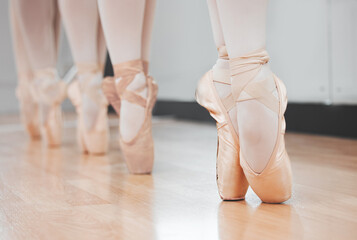 People, shoes and ballet dancers with toes on floor for lesson or class in row, line or studio....