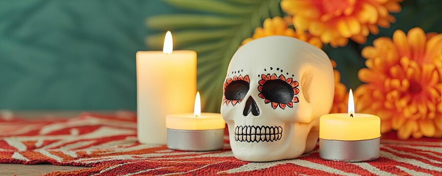 Traditional Day of the Dead altar with glowing candles and cultural symbols, honoring the memory of ancestors and heritage Day of the Dead, heritage, candlelit homage