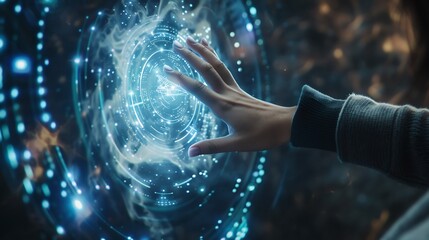 Fototapeta premium Hand Interacting With a Futuristic Holographic Interface