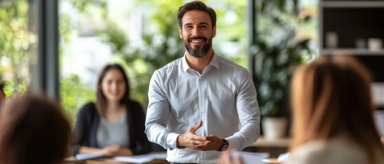 Confident office manager presenting a new strategy to a team with focus on leadership and effective communication