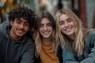 Fototapeta premium Gen Z friends sitting together outdoors, posing and smiling, Generative AI