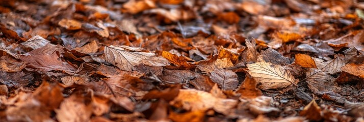 A blanket of orange and brown leaves covers the ground, capturing the essence of autumn in a peaceful forest setting
