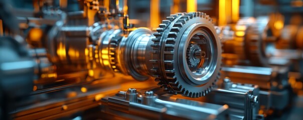 Fototapeta premium Closeup of heavy machinery in a modern factory, detailed 3D render, industrial efficiency and production