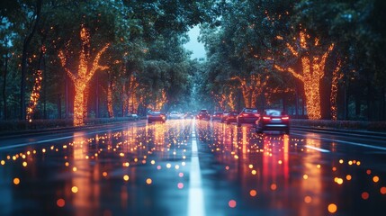 Naklejka premium Holographic road signs display real-time information on a rainy street, where vehicles navigate under illuminated trees and reflect on wet pavement.