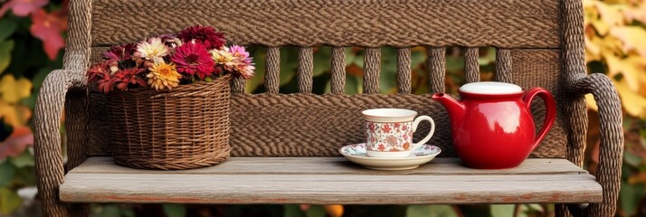 A charming garden bench displays a basket of colorful flowers alongside a striking red teapot and an elegant cup on a sunny day
