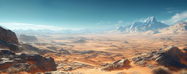 A beautiful desert landscape under the daylight with a clean, blue summer sky.