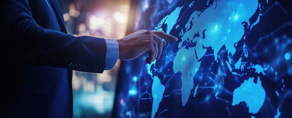 Businessman touching a digital screen with a world map and global network connection, in a blue color theme Generative AI