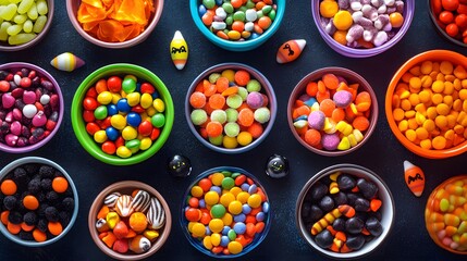 A variety of Halloween candies arranged in colorful bowls with spooky decorations for a playful and vibrant look