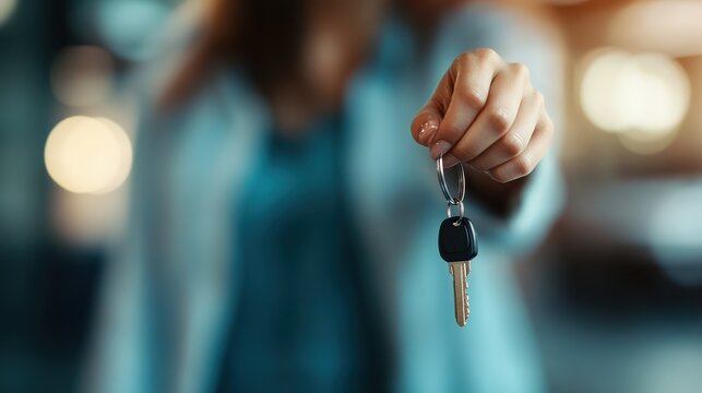 A close-up of a person extending a house key, symbolizing new beginnings or transfer of ownership, set against a softly blurred background to draw attention to the key.