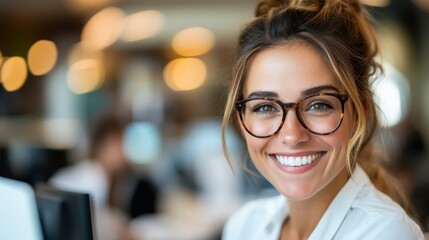 Fototapeta premium A young woman in glasses, smiling and working in a bright, modern office. The image captures professionalism, focus, and a positive work environment. Perfect for business and technology themes.