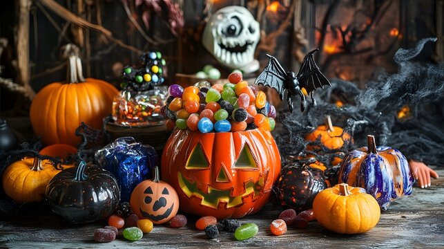 A colorful selection of Halloween candies in playful arrangements with spooky decorations creating a festive scene