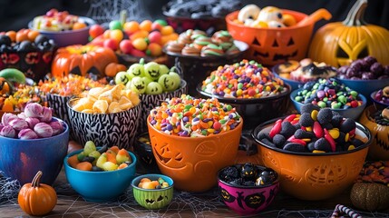 A variety of Halloween treats arranged in colorful bowls with spooky dÃ©cor for an irresistible festive display