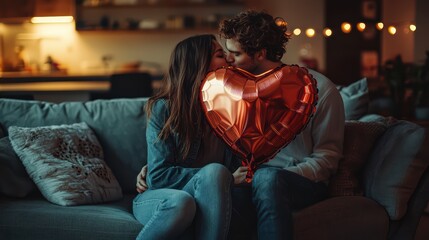 A young couple in love holds a heart-shaped balloon and covers themselves with it during a kiss.