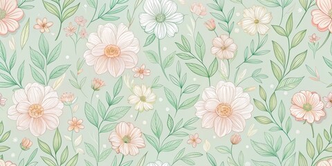 Delicate Floral Illustration with White, Pink, and Green Flowers on a Mint Background, seamless pattern , floral design , botanical illustration