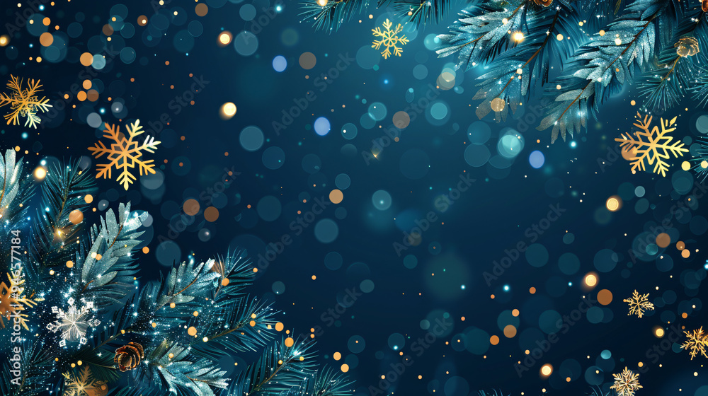 Aufkleber christmas background with golden snowflakes falling on pine branches and a blue background with boke