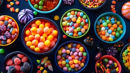 A close-up view of assorted Halloween candies in vibrant bowls surrounded by spooky decorations creating a festive scene