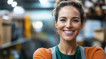 Fototapeta premium Woman dressed in an orange work outfit with a bright smile, standing confidently in a warehouse, capturing the essence of hard work, joy, and professional commitment.