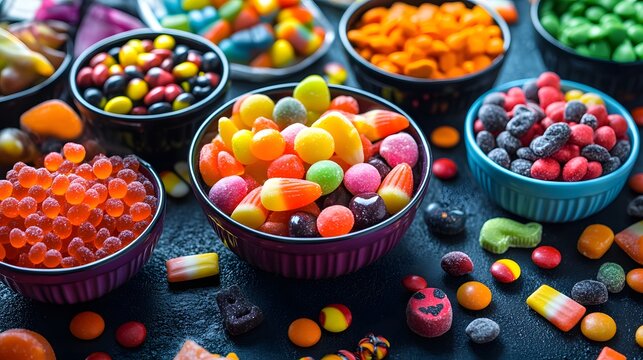 A close-up view of assorted Halloween candies in vibrant bowls surrounded by spooky decorations creating a festive scene
