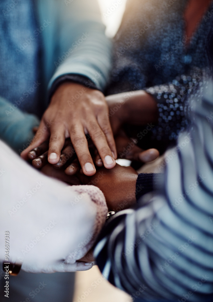 Canvas Prints Students, hands and friends in huddle for education, knowledge or test preparation in college. University, people and unity with support for help, project collaboration and scholarship teamwork