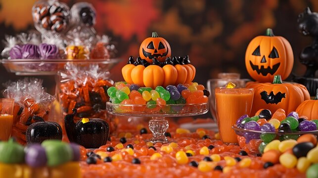 A colorful selection of Halloween candies displayed in playful arrangements with spooky decorations for an irresistible look