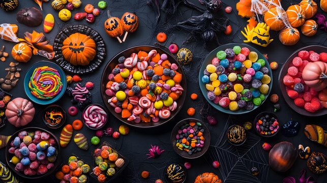 A colorful selection of Halloween candies displayed in playful arrangements with spooky decorations for an irresistible look