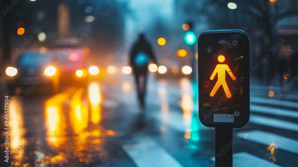 Aufkleber A pedestrian crossing button with a traffic light in the background, highlighting the interaction between people and traffic control in a busy urban setting.
