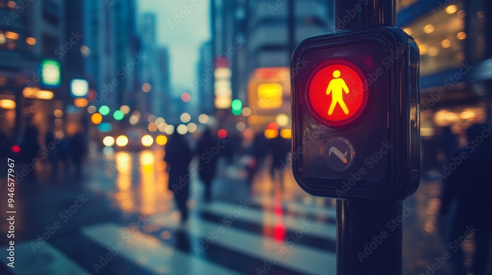 Poster A pedestrian crossing button with a traffic light in the background, highlighting the interaction between people and traffic control in a busy urban setting.