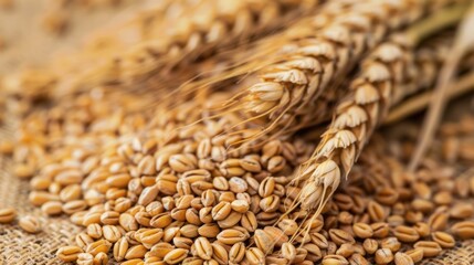 Close-Up View of Wheat Grains With Wheat Ears in Background on Wooden Surface