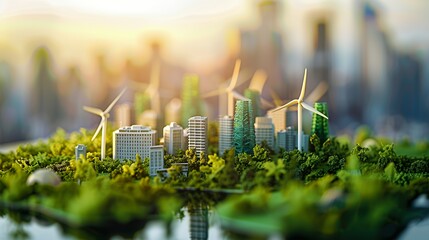 A miniature cityscape featuring green buildings and wind turbines, emphasizing sustainability.