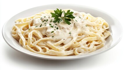A perfectly cooked plate of fettuccine Alfredo, with a creamy sauce and parsley garnish, presented on a white plate with a white background.