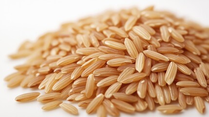 Obraz premium Close-up of brown rice grains piled neatly in a small mound on a white background, highlighting their natural texture and color, no people.