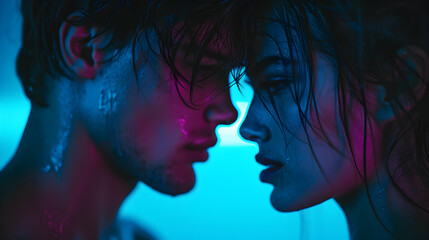 Fototapeta premium man and woman blue light