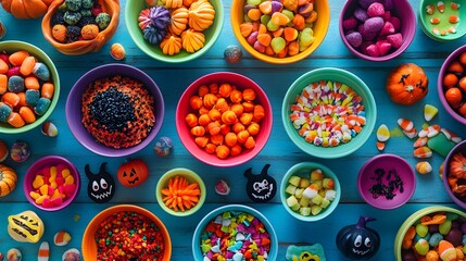 A variety of Halloween treats arranged in colorful bowls with spooky decorations creating a vibrant and playful atmosphere