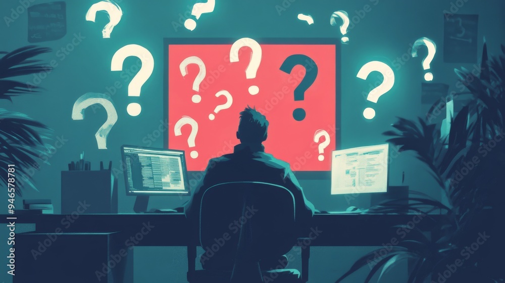 Fototapete a person sitting in a modern office, surrounded by floating question marks and exclamation points, s