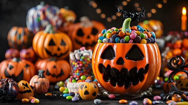 A colorful selection of Halloween candies in playful arrangements with spooky decorations enhancing the festive display