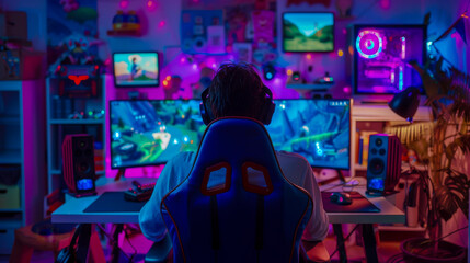 Gamer in a Neon-Lit Room Playing on a Multi-Screen Setup. gamer immersed in a neon-lit room with multi-screen setup, representing modern gaming experience, technology, and the vibrant gaming culture.