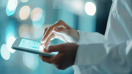 Hands Using a Tablet with Digital Interface. Close-up of hands operating tablet device with digital interface, representing modern technology, touch interface, mobile computing in professional setting