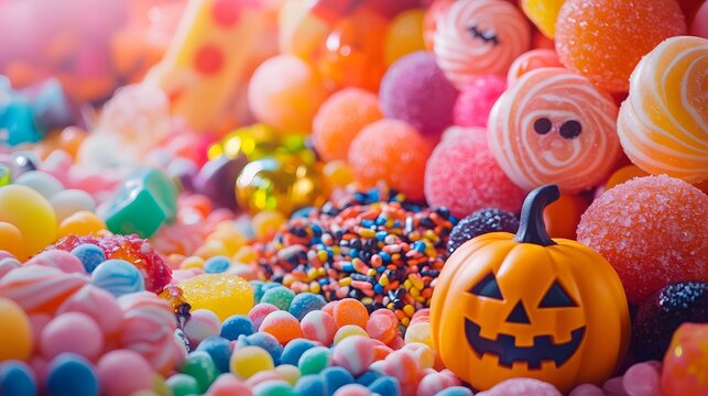 A colorful selection of Halloween candies in playful arrangements with spooky decorations creating a festive and vibrant display