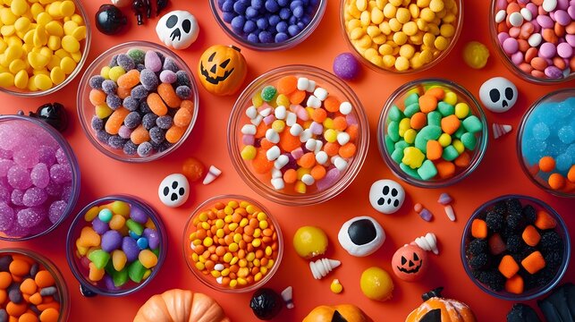 A colorful selection of Halloween candies in playful arrangements with spooky decorations creating a festive and vibrant display